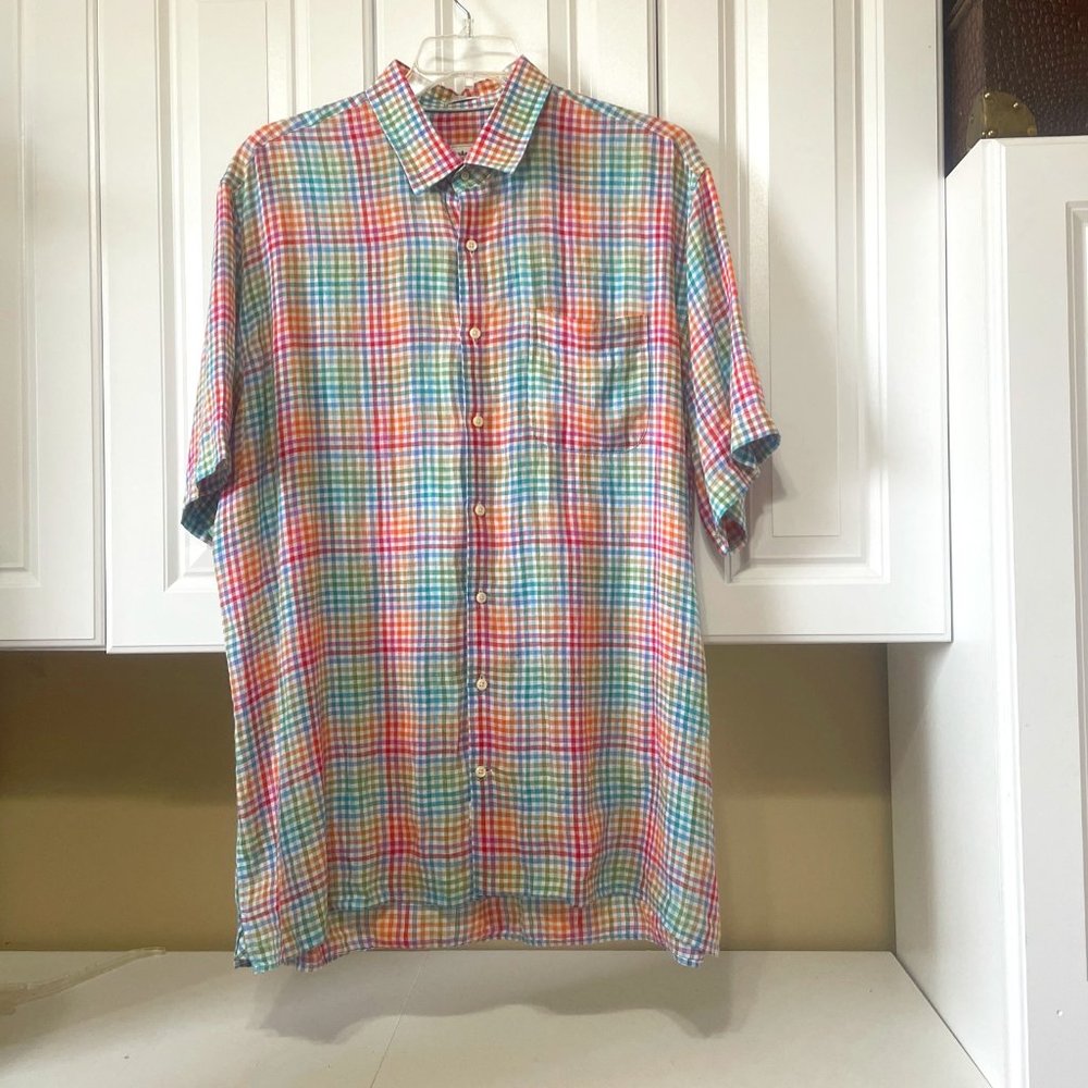 Peter Millar Mens XL Multicolor Check 100% Linen Short Sleeve Button Up Shirt